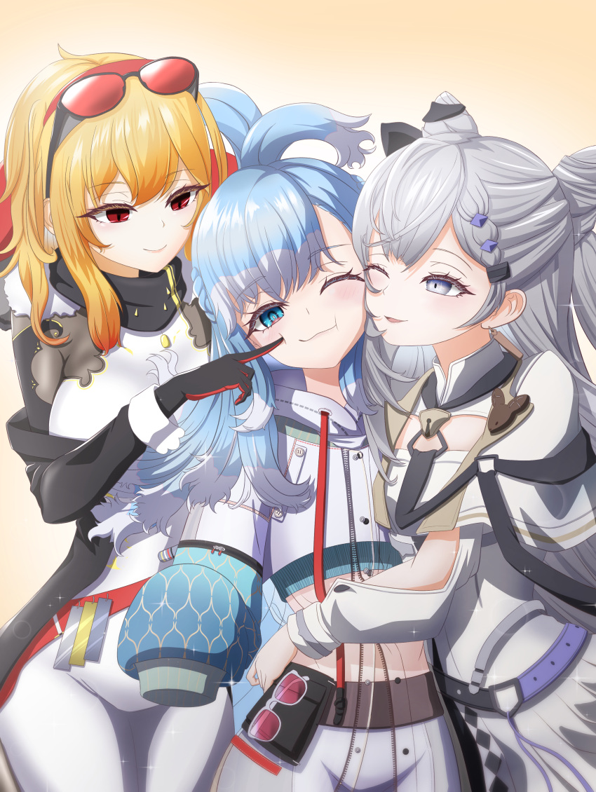 3girls ;t absurdres bangs black_bodysuit black_gloves blonde_hair blue_eyes blue_hair bodysuit cheek_poking closed_mouth english_commentary eyebrows_visible_through_hair eyewear_on_head gloves gnoet grey_eyes grey_hair hair_cones highres holoh3roes hololive hololive_indonesia hug kaela_kovalskia kobo_kanaeru korean_commentary long_hair long_sleeves looking_at_another looking_at_viewer mixed-language_commentary multicolored_hair multiple_girls one_eye_closed parted_lips poking red-tinted_eyewear red_eyes smile tinted_eyewear two-tone_bodysuit two-tone_hair vestia_zeta white_bodysuit white_hair