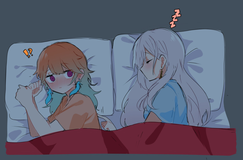 !? 2girls blush closed_eyes futon highres hololive hololive_english hololive_indonesia long_hair lying multiple_girls on_side pavolia_reine pillow sleeping takanashi_kiara tera_(trs82341711) under_covers violet_eyes virtual_youtuber yuri zzz