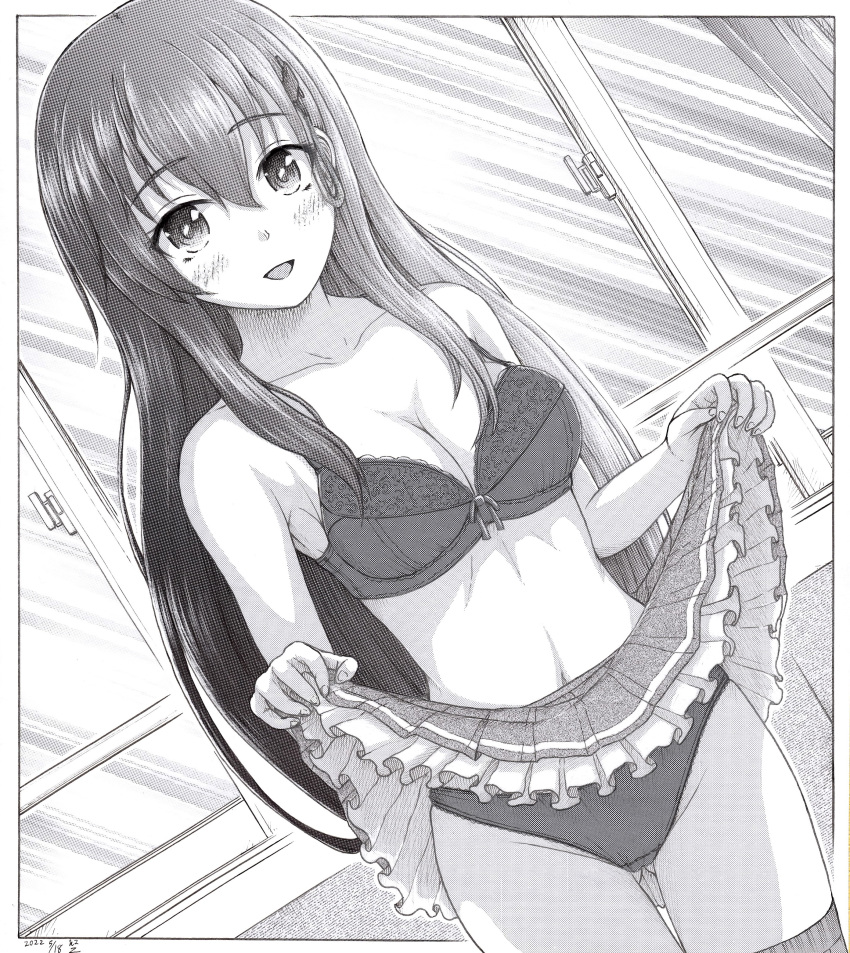 absurdres blush bra breasts collarbone cowboy_shot eyebrows_visible_through_hair frills greyscale h2_(h20000000) hair_between_eyes hair_ornament hairclip highres indoors kantai_collection lifted_by_self long_hair medium_breasts monochrome navel open_mouth panties pleated_skirt school_uniform skirt skirt_hold suzuya_(kancolle) thigh-highs underwear window
