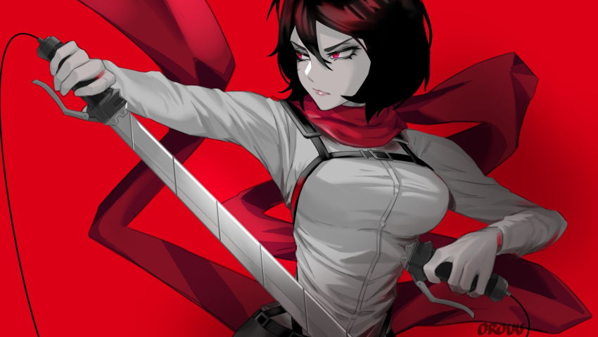 1girl artist_name bangs black_hair breasts closed_mouth commentary cowboy_shot dual_wielding hair_between_eyes hand_up highres holding holding_weapon lips long_bangs long_scarf long_sleeves looking_to_the_side medium_breasts mikasa_ackerman orouu red_background red_eyes red_scarf scarf serious shingeki_no_kyojin shirt short_hair signature solo tsurime v-shaped_eyebrows weapon white_shirt