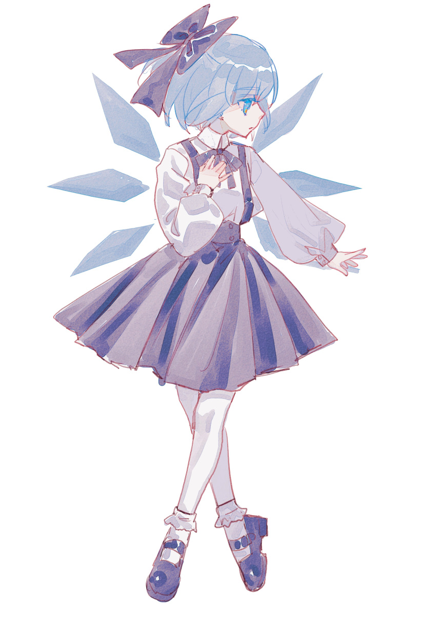 1girl \||/ absurdres adapted_costume bangs blue_bow blue_eyes blue_hair blue_ribbon blue_skirt bobby_socks bow cirno collared_shirt commentary_request crossed_legs eyebrows_visible_through_hair full_body hair_bow hand_on_own_chest highres ice ice_wings long_sleeves looking_to_the_side mary_janes neck_ribbon pantyhose puffy_long_sleeves puffy_sleeves ribbon shirt shocho_(shaojiujiu) shoes short_hair skirt socks solo suspenders touhou watson_cross white_background white_legwear white_shirt wings