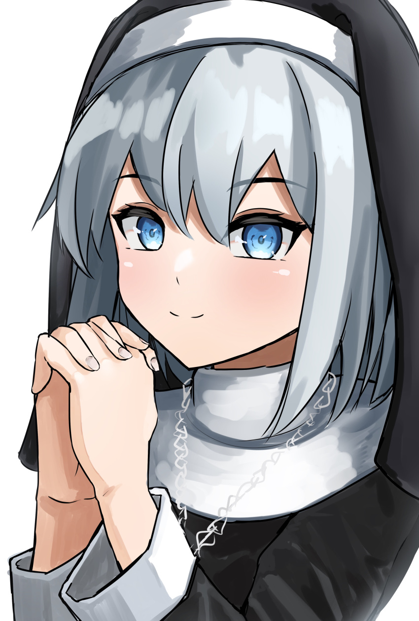 1girl absurdres alternate_costume bangs blue_eyes closed_mouth eyebrows_visible_through_hair grey_hair highres jewelry konpaku_youmu long_sleeves looking_at_viewer necklace nun own_hands_together ramiki short_hair smile solo touhou upper_body