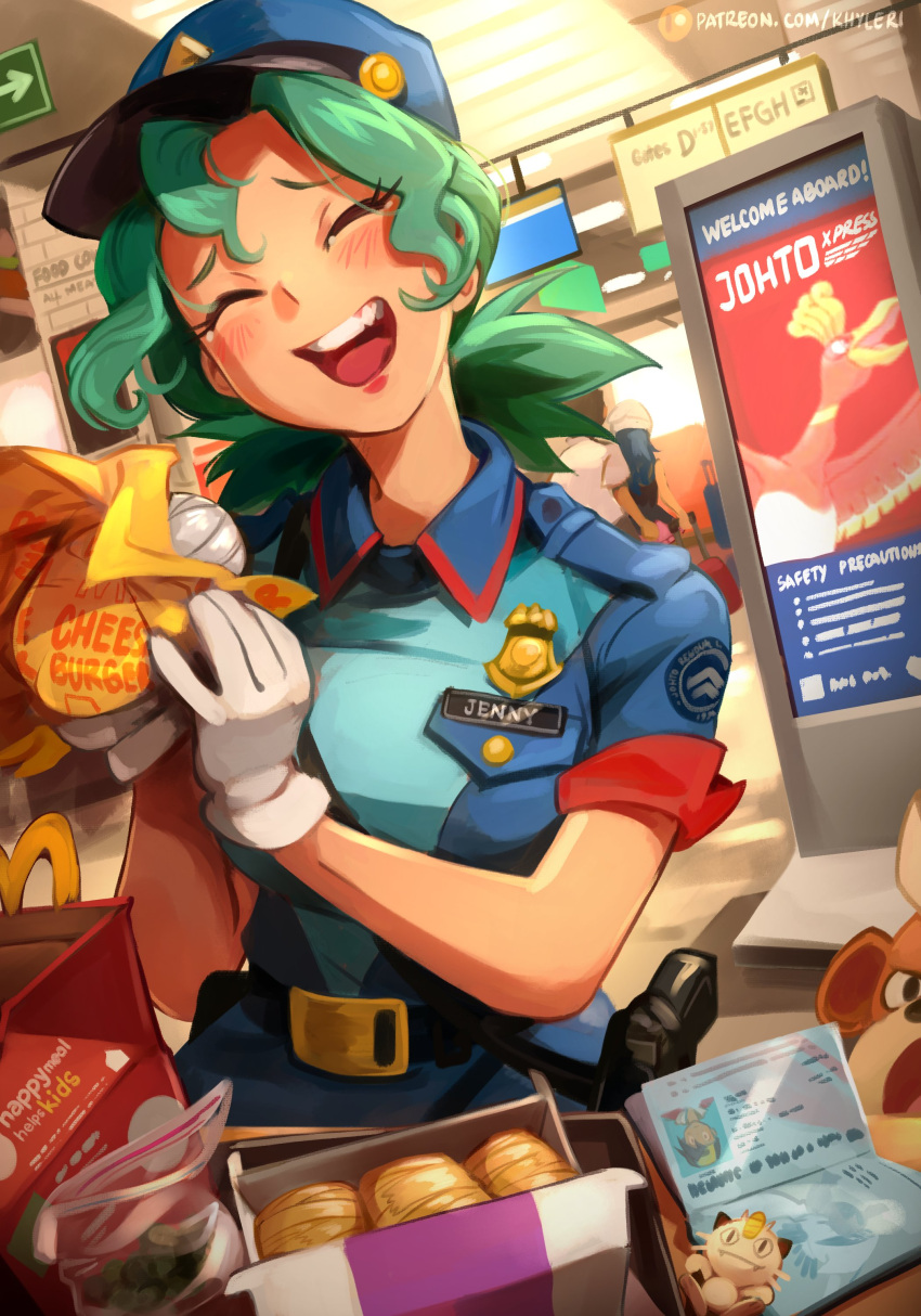 absurdres arcanine burger character_request closed_eyes drugs food gloves happy_meal highres hikari_(pokemon) jenny_(pokemon) keychain khyle. mcdonald's meowth multiple_girls open_mouth passport patreon_username pokemon teeth white_gloves