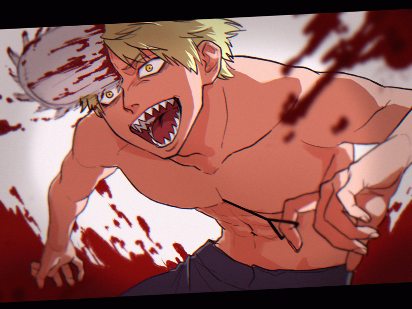 1boy abs black_pants blonde_hair blood blood_on_weapon chainsaw_man denji_(chainsaw_man) drgryu750 excited highres hybrid looking_ahead no_shirt open_mouth pants pulling sharp_teeth simple_background solo teeth tongue topless_male weapon white_background yellow_eyes
