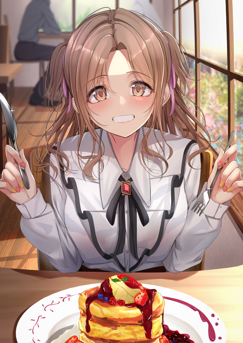 1girl :d absurdres bangs black_ribbon blush brooch brown_hair expressionless eyebrows_visible_through_hair food fork glint grin head_out_of_frame highres holding holding_fork holding_knife ichikawa_hinana idolmaster idolmaster_shiny_colors indoors jewelry knife long_sleeves looking_at_viewer nail_polish neck_ribbon on_chair pancake pancake_stack parted_bangs restaurant ribbon sitting smile solo_focus syrup two_side_up upper_body window yzk_knmn