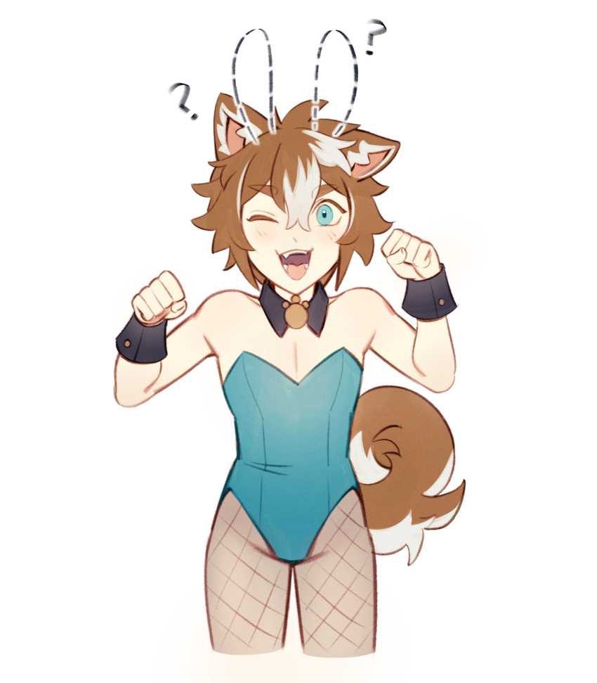 1boy ? animal_ears aqua_eyes aqua_leotard brown_hair crossdressing detached_collar dog_boy dog_ears dog_tail fishnet_legwear fishnets genshin_impact gorou_(genshin_impact) highres leotard lilyglazed looking_at_viewer male_focus male_playboy_bunny multicolored_hair one_eye_closed open_mouth otoko_no_ko paw_pose playboy_bunny short_hair smile strapless strapless_leotard tail two-tone_hair white_background white_hair wrist_cuffs