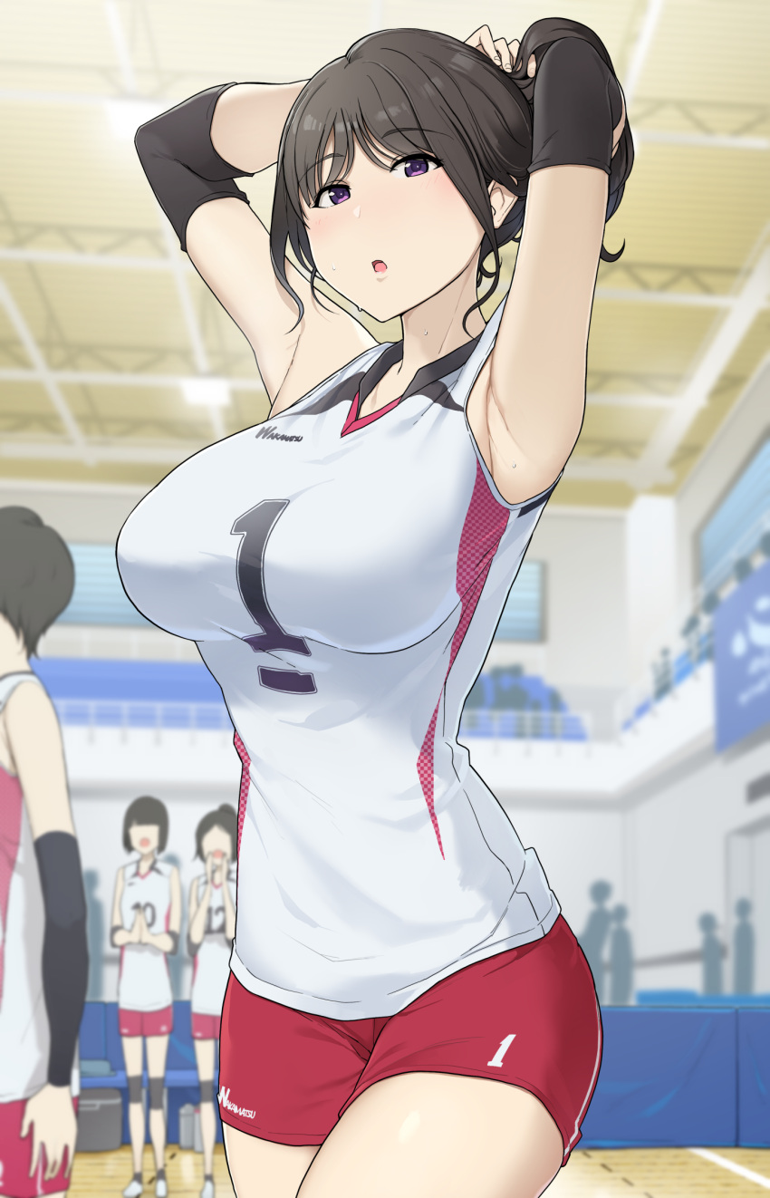 6+girls :o armpits arms_behind_head black_hair breasts commentary_request highres large_breasts looking_at_viewer multiple_girls original red_shorts shirt short_hair shorts solo_focus sweat thighs violet_eyes wakamatsu372 white_shirt