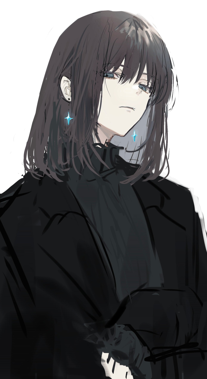 1boy absurdres alternate_costume alternate_hair_color bangs black_hair black_jacket blue_eyes closed_mouth earrings expressionless fate/grand_order fate_(series) from_below frown highres jacket jewelry long_sleeves looking_at_viewer male_focus medium_hair no_cape no_wings nokoru_sora oberon_(fate) oberon_(third_ascension)_(fate) simple_background solo spoilers upper_body white_background