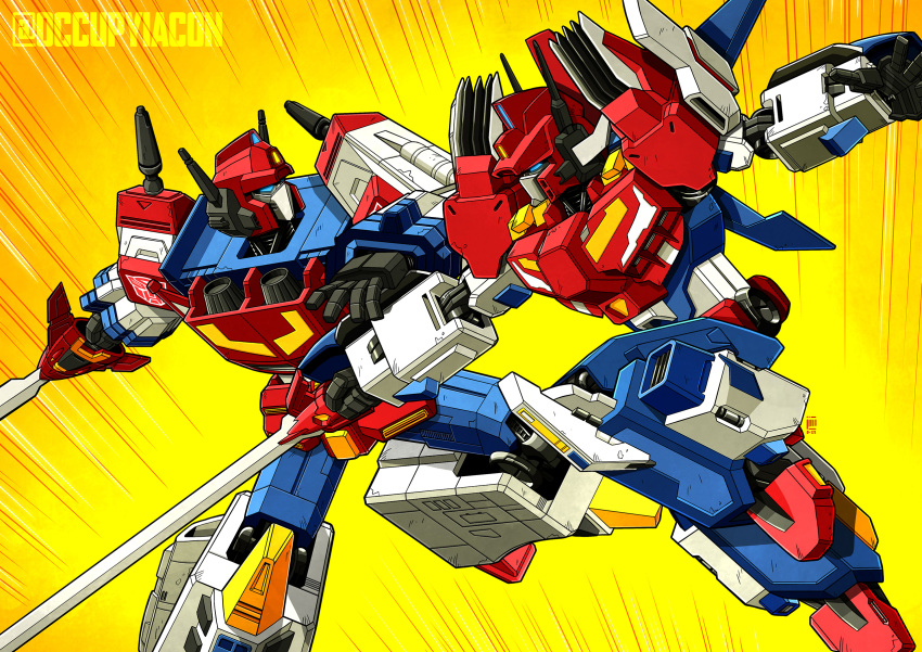 autobot blue_eyes commission english_commentary fighting highres holding holding_sword holding_weapon jim_stafford mecha no_humans open_hand science_fiction star_saber_(idw) star_saber_(transformers) sword the_transformers_(idw) transformers transformers_victory twitter_username weapon yellow_background