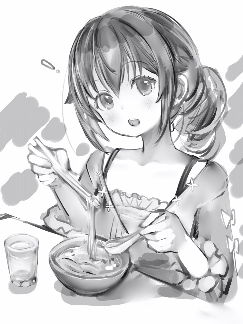 ! 1girl blush bowl chopsticks cup drinking_glass greyscale highres holding holding_chopsticks holding_spoon hololive jacket long_sleeves looking_at_viewer monochrome nanashi_(nlo) open_mouth side_ponytail solo spaghetti_strap spoon tokino_sora upper_body