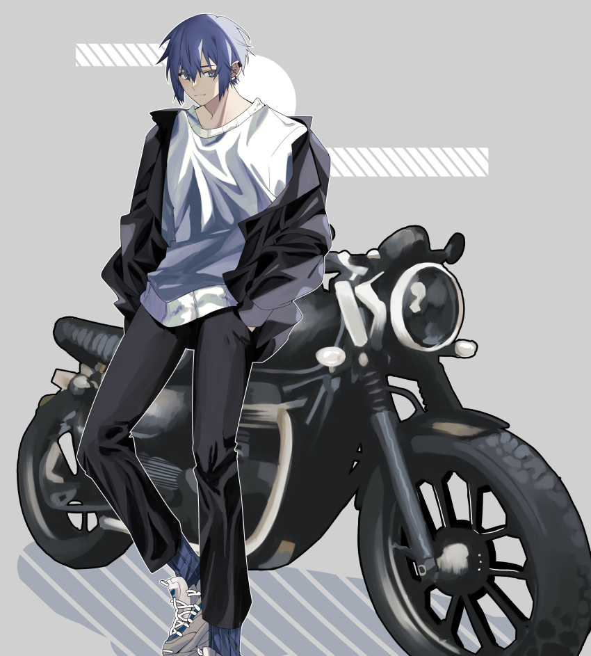 1boy absurdres blue_hair ground_vehicle hands_in_pockets highres jacket kaito_(vocaloid) male_focus motor_vehicle motorcycle shirt simple_background smile solo vocaloid white_shirt yu_shu