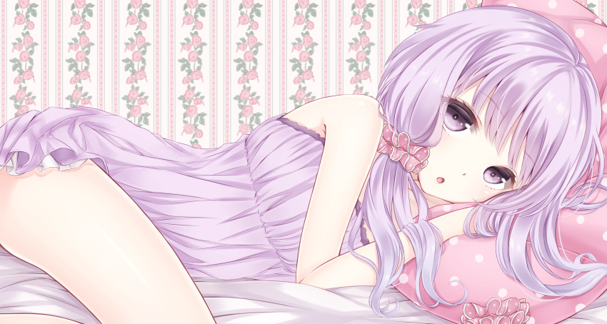 1girl bangs blush cevio chestnut_mouth dress eyebrows_visible_through_hair highres lace_trim lingerie long_hair looking_at_viewer lying nightgown on_bed on_side open_mouth parted_lips pillow ponytail purple_hair scrunchie scrunchie_removed solo strapless strapless_dress underwear violet_eyes vocaloid wallpaper_(object) yamagara yuzuki_yukari