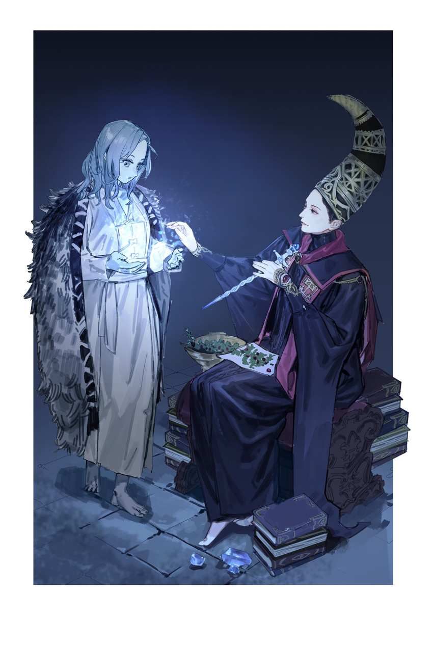 2girls black_hair blue_cape blue_eyes blue_hair blue_skin cape cloak closed_mouth colored_skin crown dress elden_ring extra_arms fur_cloak gem hat highres long_hair mother_and_daughter multiple_girls one_eye_closed passimo ranni_the_witch rennala_queen_of_the_full_moon smile witch wizard_hat