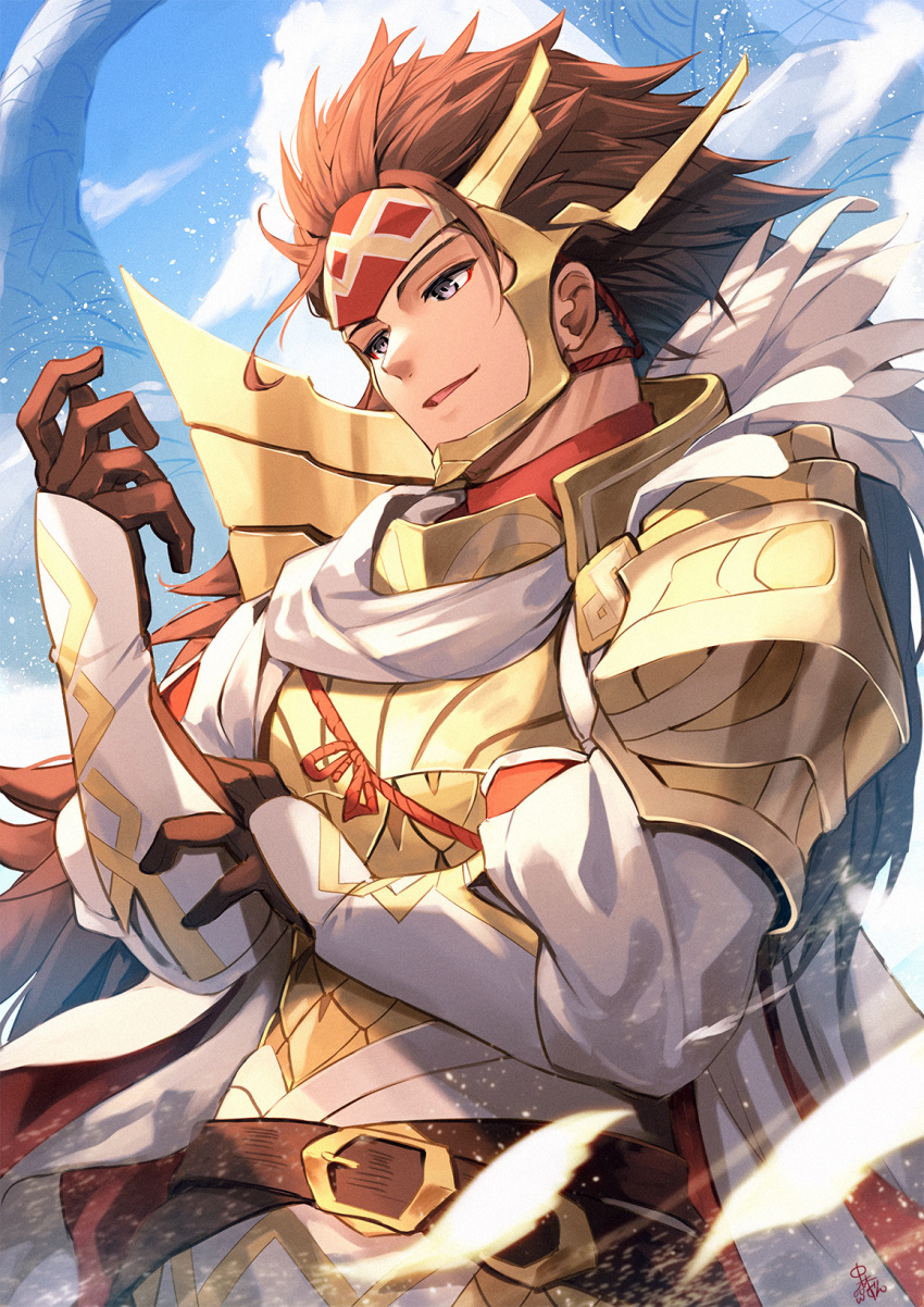 1boy armor belt blue_sky brown_gloves brown_hair feathers fire_emblem fire_emblem_fates fire_emblem_heroes gloves grey_eyes highres japanese_armor long_coat long_hair mask nakabayashi_zun official_alternate_costume outdoors pants red_shirt ryoma_(fire_emblem) shirt shoulder_armor sky smile solo spiky_hair very_long_hair white_pants