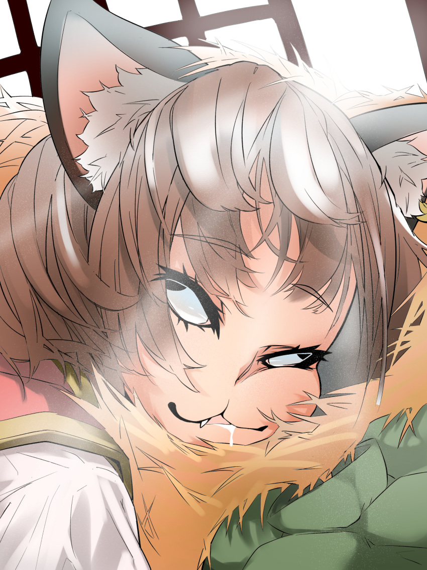 1girl 6_9 :3 absurdres animal_ear_fluff animal_ears bangs brown_hair cat_ears chen commentary_request drooling eyebrows_visible_through_hair face fang highres jphspsu0712 messy_hair open_mouth red_vest shirt short_hair sleeping sleeping_with_eyes_open solo touhou vest white_shirt