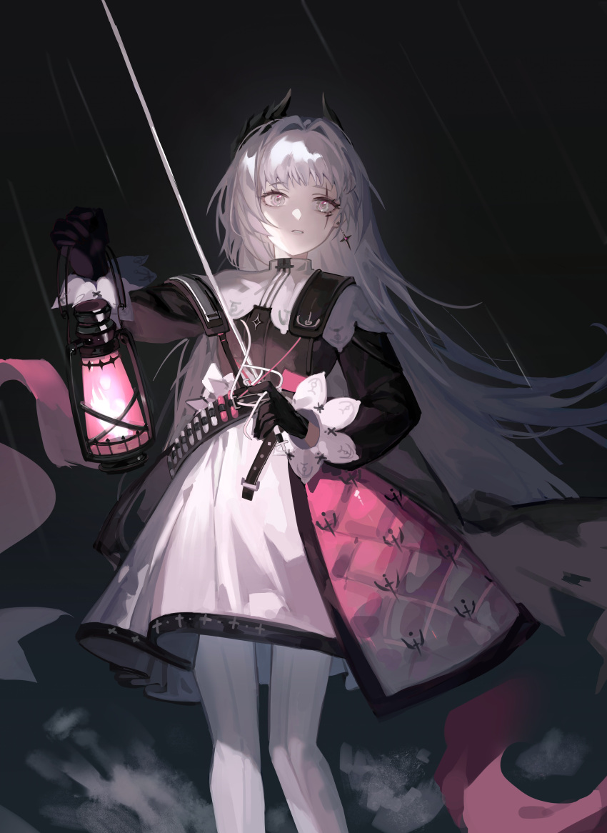 1girl absurdres arknights belt black_gloves black_jacket capelet earrings feet_out_of_frame fire gloves grey_eyes grey_hair head_wings high-waist_skirt highres holding holding_lantern holding_sword holding_weapon irene_(arknights) jacket jewelry lantern layered_skirt long_hair long_sleeves night outdoors pantyhose parted_lips pink_fire pink_skirt rain rapier scar scar_across_eye scar_on_face shishiwan skirt solo standing sword very_long_hair weapon white_capelet white_skirt