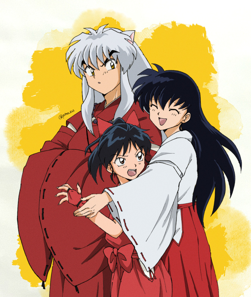 1boy 2girls :d ^_^ absurdres animal_ears black_hair black_ribbon bow bridal_gauntlets brown_eyes closed_eyes fox_ears hair_bow hakama han'you_no_yashahime highres higurashi_kagome inuyasha inuyasha_(character) japanese_clothes kimono long_hair long_sleeves miko moroha multiple_girls official_style open_mouth pinoko_(pnk623) ponytail red_hakama red_kimono red_ribbon ribbon ribbon-trimmed_sleeves ribbon_trim smile standing straight_hair twitter_username very_long_hair white_hair white_kimono wide_sleeves