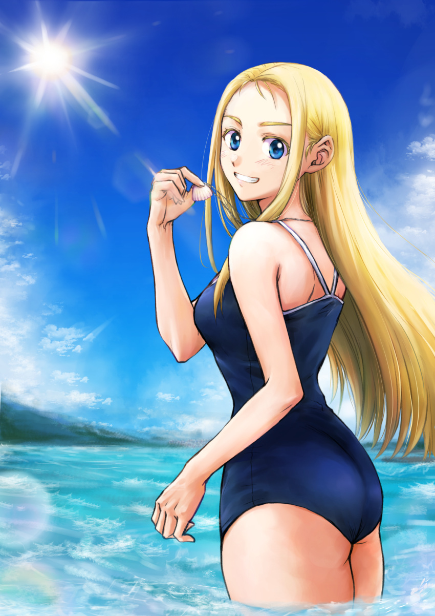 1girl ass beach blonde_hair blue_eyes blue_sky blue_swimsuit clouds commentary_request competition_school_swimsuit day from_behind highres jewelry kofune_ushio lens_flare long_hair looking_at_viewer necklace outdoors school_swimsuit shijuuichi sky soaking_feet solo summertime_render sun swimsuit