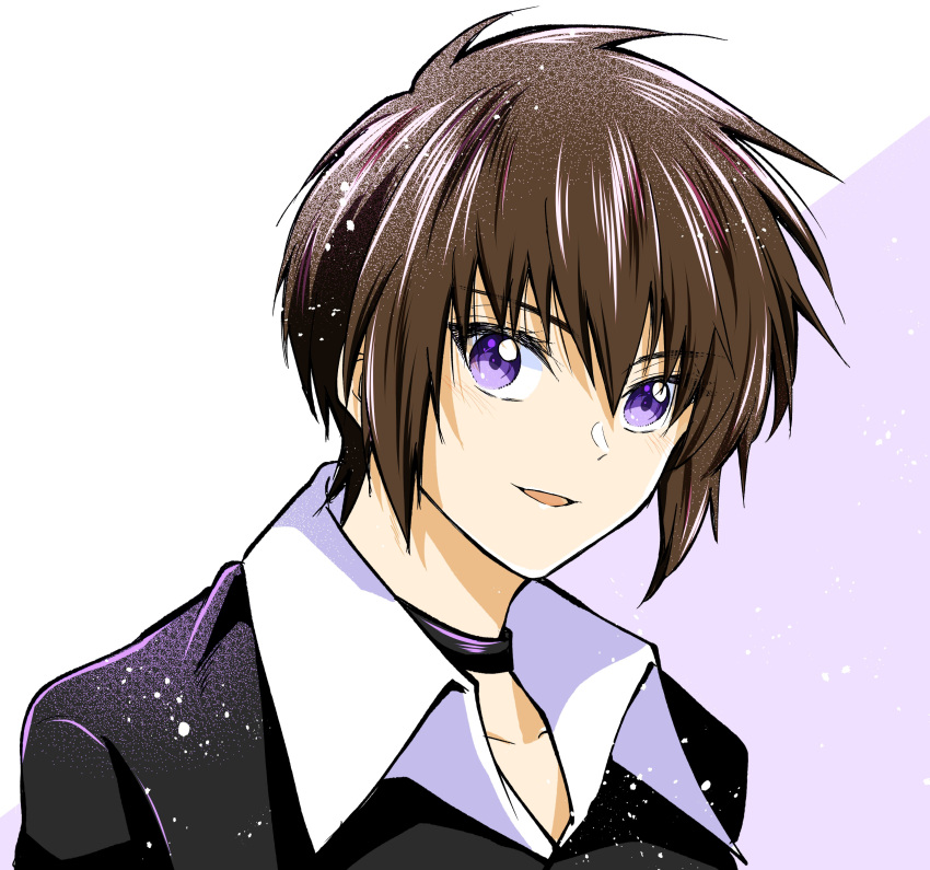 1boy absurdres black_choker black_jacket brown_hair choker collarbone eyebrows_visible_through_hair gundam gundam_seed gundam_seed_destiny highres jacket kira_yamato kudou_makoto leaning_forward looking_at_viewer male_focus open_mouth portrait smile solo violet_eyes