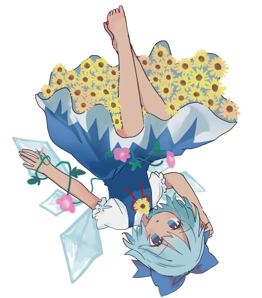 1girl :o bangs blue_bow blue_dress blue_eyes blue_hair bow cirno commentary_request dress flower flower_ornament full_body hair_bow hand_on_own_head hidden_star_in_four_seasons highres ice ice_wings looking_at_viewer neck_ribbon open_mouth pink_flower plant puffy_short_sleeves puffy_sleeves red_ribbon ribbon shirt short_hair short_sleeves solo sunflower tanned_cirno touhou upside-down vines white_background white_shirt wings zabuton_(mgdw5574)