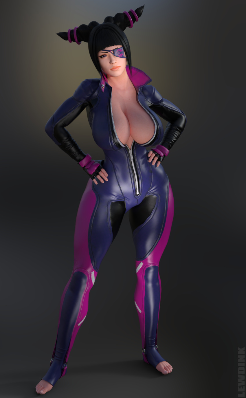 3d black_hair breasts coat eyepatch formal gloves han_juri hand_on_hip highres hot huge_breasts jacket lewdink looking_at_viewer non-web_source open_clothes open_coat open_jacket street_fighter suit toned uniform violet_eyes