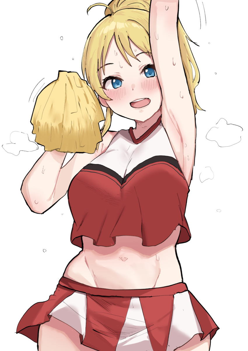 1girl arm_up armpits blonde_hair blue_eyes blush breasts cheerleader hachimiya_meguru highres idolmaster idolmaster_shiny_colors kobinbin large_breasts looking_at_viewer midriff navel open_mouth pom_pom_(cheerleading) ponytail red_shirt red_skirt shirt short_hair simple_background skirt smile solo sweat teeth two-tone_shirt two-tone_skirt upper_teeth white_background white_shirt white_skirt