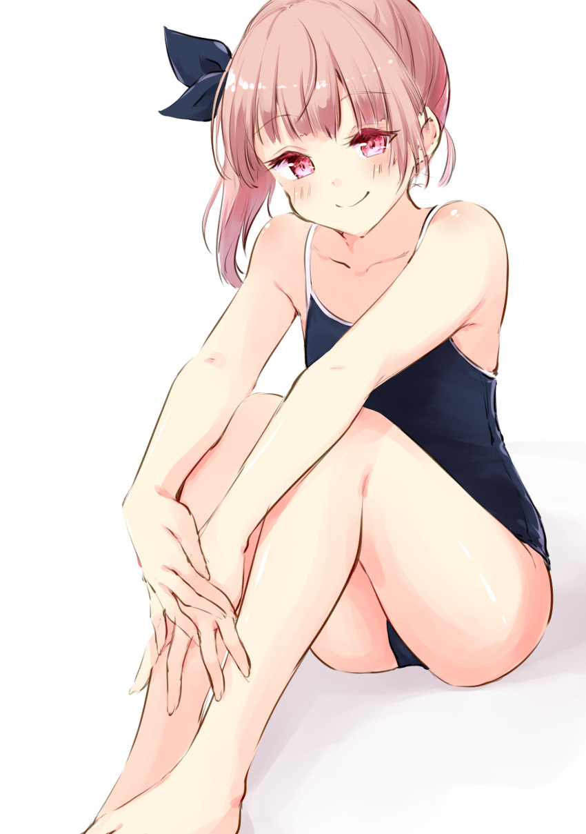1girl absurdres atelier_(series) atelier_lydie_&amp;_suelle bangs bare_arms bare_legs barefoot blue_bow blue_swimsuit blush bow closed_mouth collarbone eyebrows_visible_through_hair hair_bow highres lydie_marlen minidraco pink_eyes pink_hair school_swimsuit shiny shiny_hair short_hair simple_background sitting smile solo spaghetti_strap swimsuit white_background