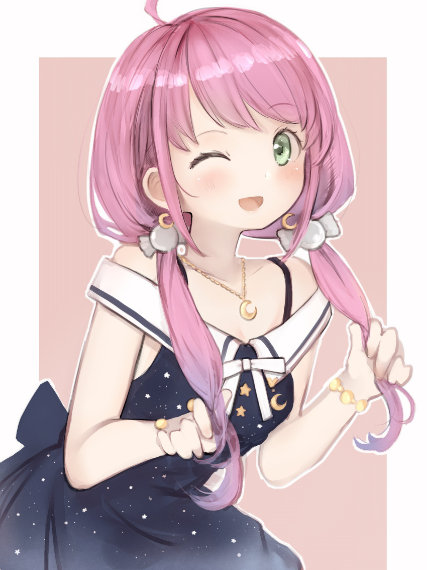 1girl :d ahoge black_dress blush bracelet crescent_necklace dress green_eyes highres himemori_luna hololive jewelry looking_at_viewer low_twintails nanashi_(nlo) one_eye_closed open_mouth pink_hair simple_background smile solo starry_sky_print twintails upper_body white_background