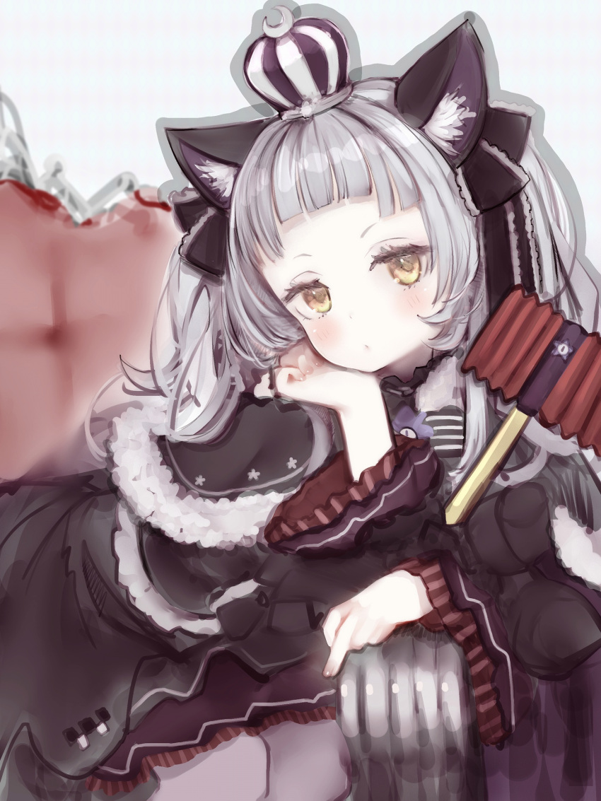 1girl animal_ears arm_support bangs black_dress blunt_bangs blush bow cat_ears closed_mouth couch crown dress grey_hair hair_bow hammer head_rest highres holding holding_hammer hololive long_sleeves looking_at_viewer murasaki_shion nanashi_(nlo) piko_piko_hammer sitting solo virtual_youtuber yellow_eyes