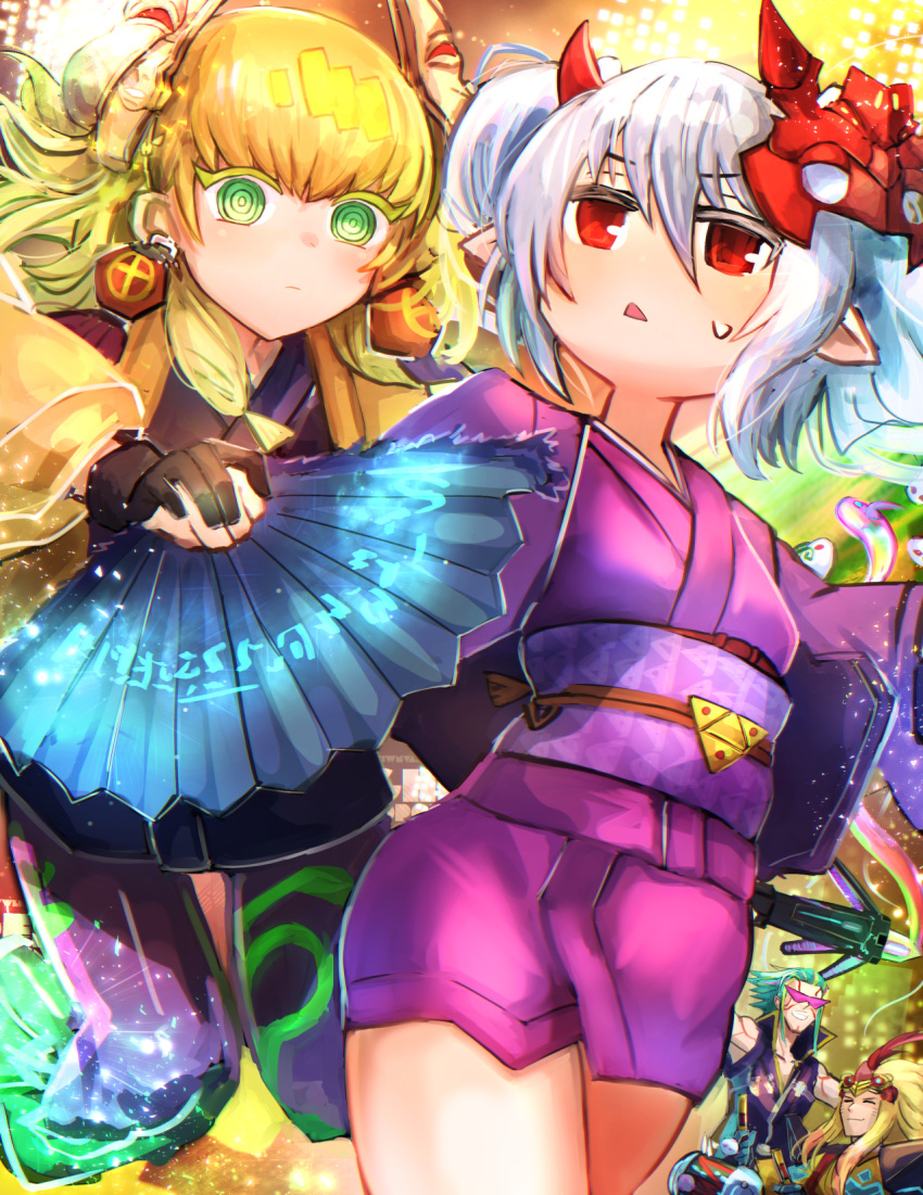 2boys 2girls @_@ bangs blonde_hair duel_monster ear_ornament gagaku-p.u.n.k._wa_gon ghost_ogre_&amp;_snow_rabbit glasses gloves green_eyes green_hair grey_hair hand_fan hatano_kiyoshi highres holding holding_fan japanese_clothes kimono long_hair long_sleeves mask mask_on_head multiple_boys multiple_girls noh-p.u.n.k._ze_amin obi red_eyes sash sleeveless sleeveless_jacket smile sweatdrop teeth ukiyoe-p.u.n.k._sharakusai wide_sleeves yu-gi-oh!