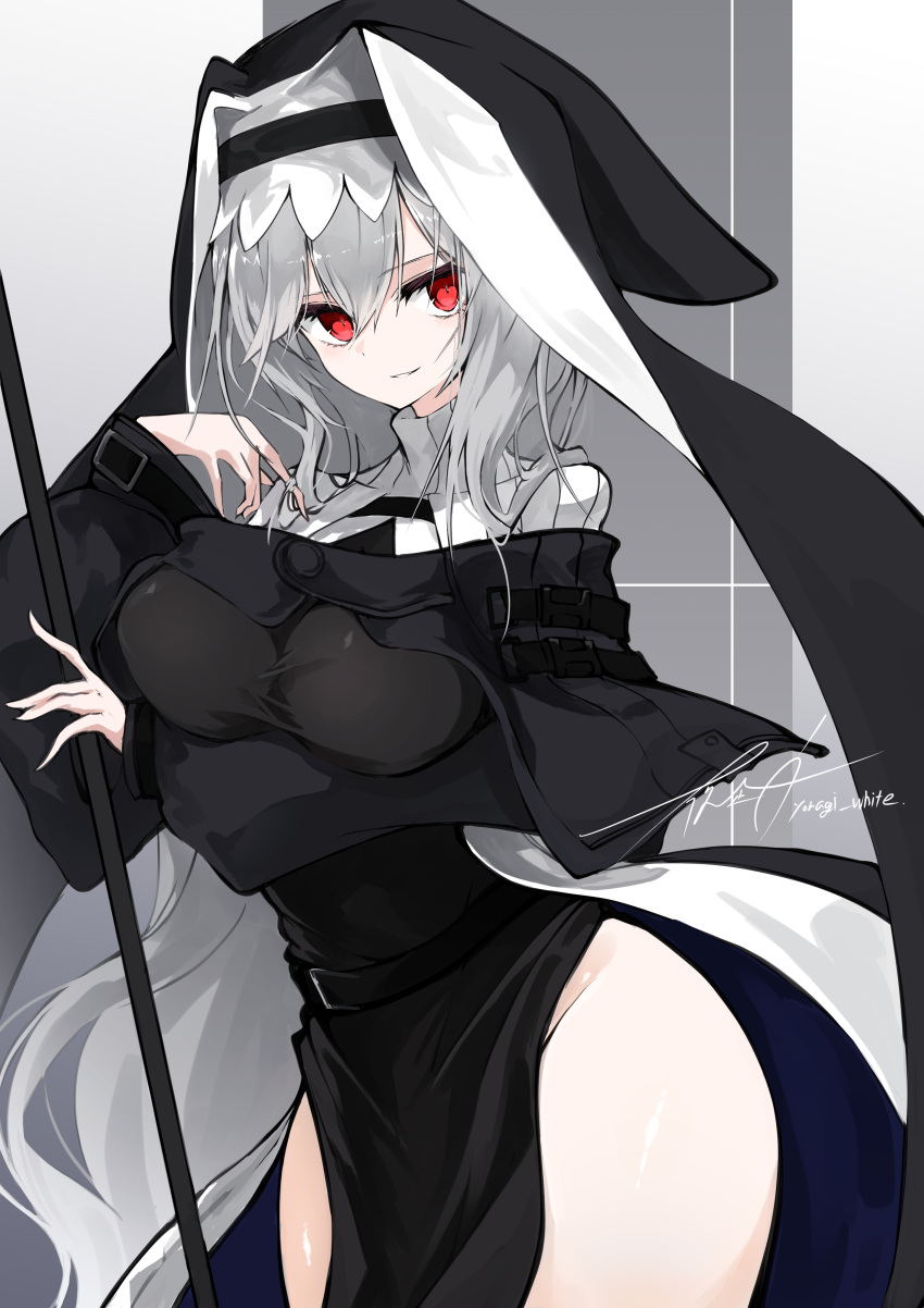 1girl absurdres arknights arm_under_breasts bangs bare_hips belt black_dress breasts cowboy_shot dress eyebrows_visible_through_hair grey_background grey_hair groin habit highres holding impossible_clothes impossible_dress large_breasts long_hair long_sleeves no_panties nun parted_lips pelvic_curtain red_eyes signature smile specter_(arknights) two-tone_background very_long_hair yonagi_white