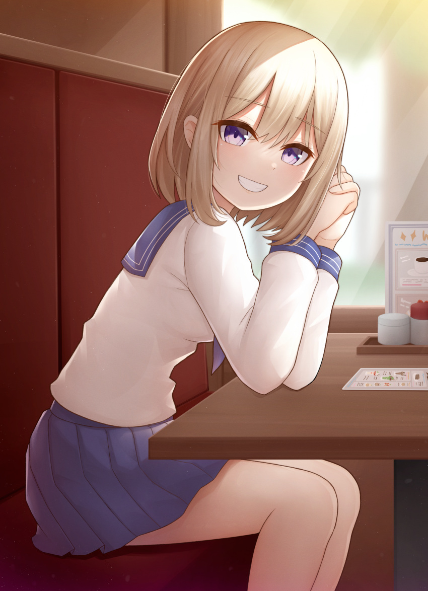 1girl absurdres atorie bangs blonde_hair booth_seating elbows_on_table eyebrows_visible_through_hair grin highres indoors kakkou_no_iinazuke light_rays long_sleeves looking_at_viewer medium_hair own_hands_clasped own_hands_together restaurant school_uniform serafuku sitting smile solo umino_sachi_(kakkou_no_iinazuke) violet_eyes window