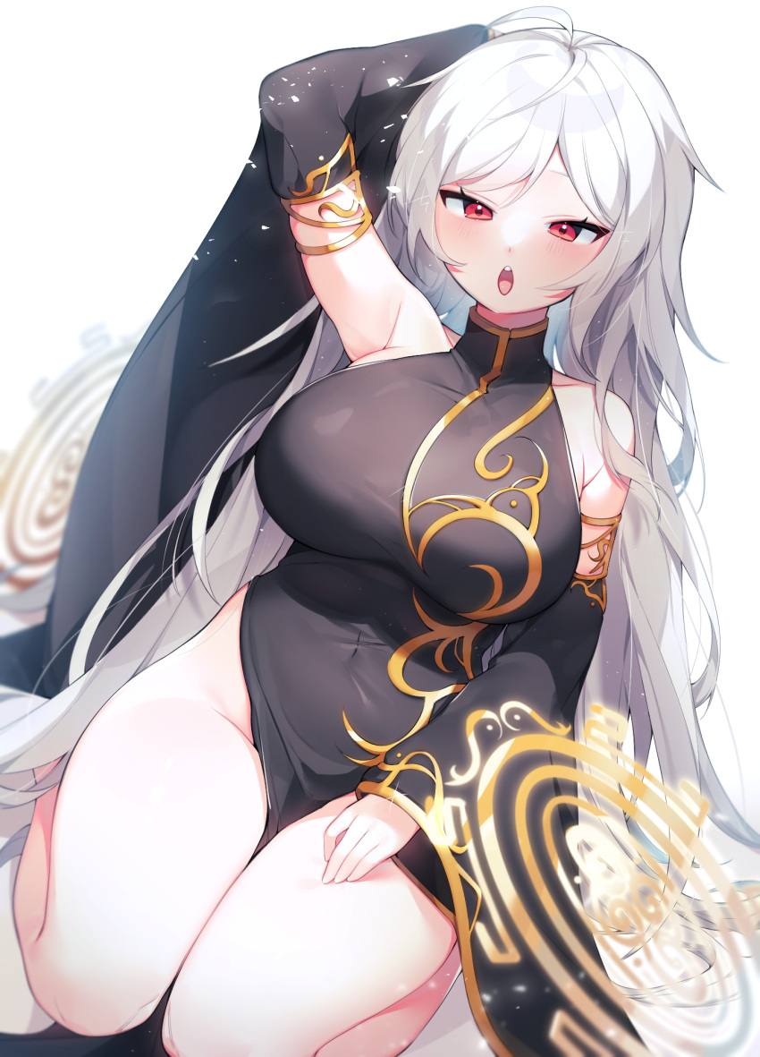 1girl :o ahoge arm_behind_head bangs bare_legs bare_shoulders black_dress breasts character_request china_dress chinese_clothes commission covered_collarbone covered_navel dress dutch_angle highres large_breasts long_hair looking_at_viewer maplestory open_mouth red_eyes sen_light simple_background sitting swept_bangs taut_clothes taut_dress tight tight_dress tsurime turtleneck very_long_hair wariza white_background white_hair