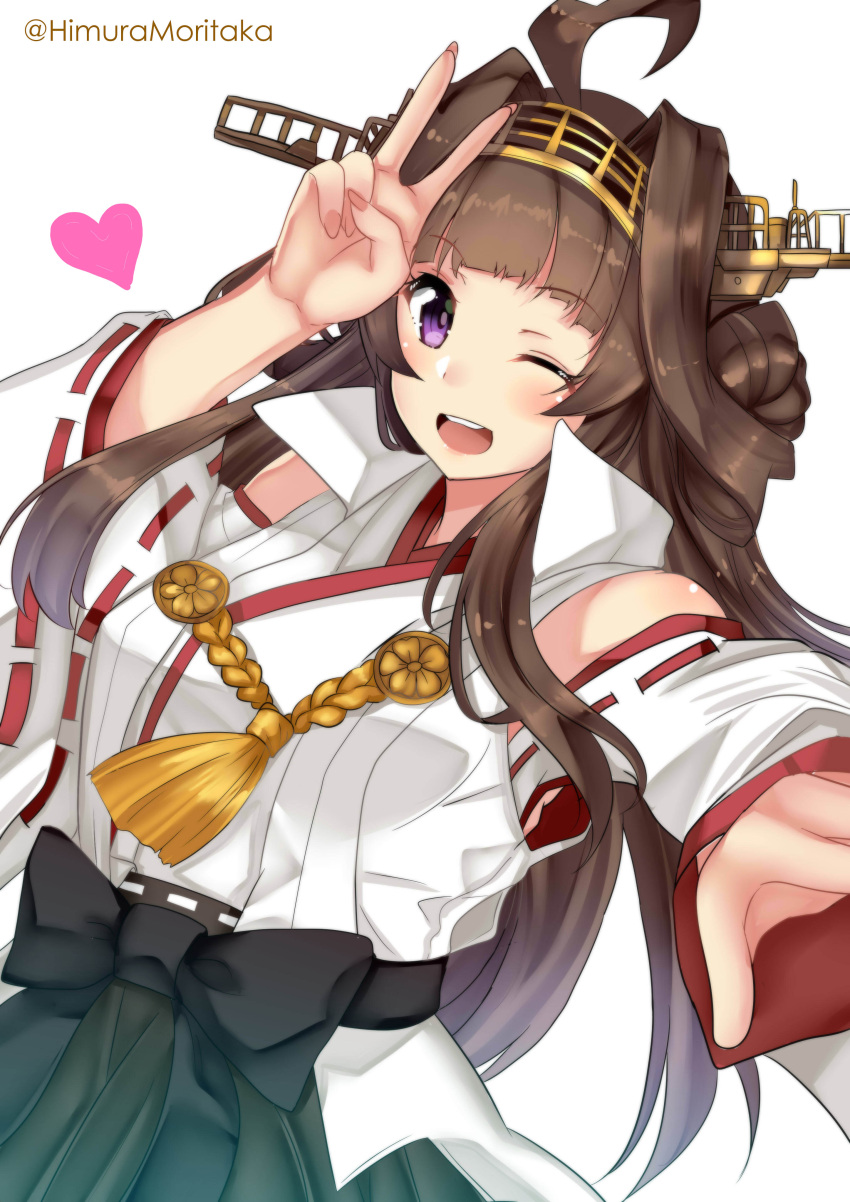 1girl ;d absurdres ahoge bangs blunt_bangs breasts brown_hair detached_sleeves double_bun dutch_angle eyebrows_visible_through_hair hand_up headgear heart highres himura_moritaka kantai_collection kongou_(kancolle) kongou_kai_ni_(kancolle) large_breasts looking_at_viewer nontraditional_miko one_eye_closed open_mouth outstretched_arm ribbon-trimmed_sleeves ribbon_trim smile solo teeth twitter_username upper_teeth v violet_eyes white_background wide_sleeves