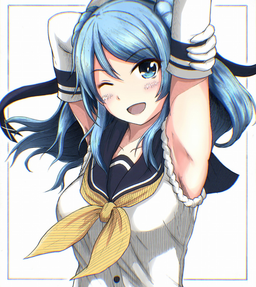 1girl arm_up armpits blue_eyes blue_hair blue_sailor_collar blush breasts collarbone double_bun elbow_gloves eyebrows_visible_through_hair gloves h2_(h20000000) hair_between_eyes hat highres kantai_collection large_breasts neckerchief one_eye_closed open_mouth outstretched_arm sailor_collar sailor_hat school_uniform serafuku sleeves_rolled_up smile solo upper_body urakaze_(kancolle) white_background white_gloves white_headwear yellow_neckerchief