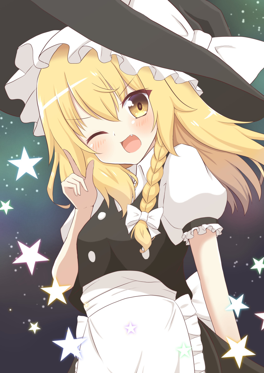 1girl absurdres apron back_bow black_headwear black_skirt black_vest blonde_hair bow breasts commentary_request cowboy_shot frilled_apron frilled_hat frills hat hat_bow highres kirisame_marisa long_hair one_eye_closed open_mouth pointing puffy_short_sleeves puffy_sleeves shirt short_sleeves skirt small_breasts solo star_(symbol) touhou turtleneck vest waist_apron waist_bow white_apron white_bow white_shirt witch witch_hat yellow_eyes youka1258