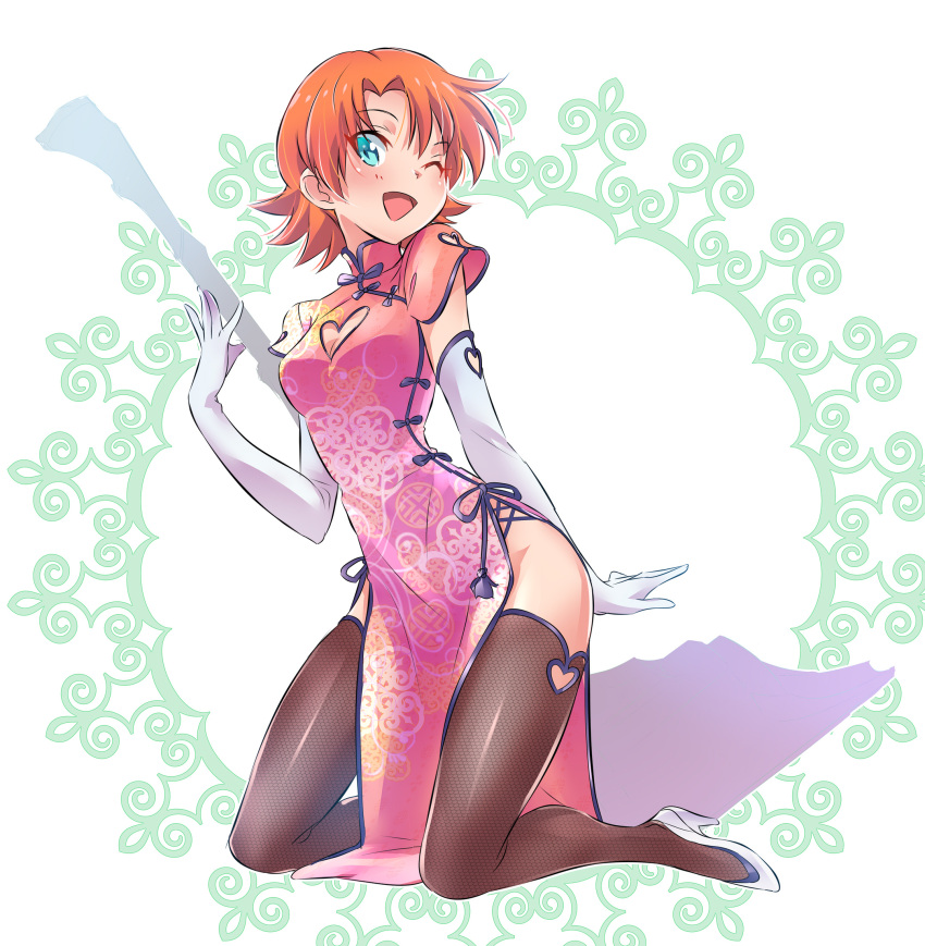 1girl ;d aqua_eyes china_dress chinese_clothes cleavage_cutout clothing_cutout commentary dress elbow_gloves full_body gloves green_eyes hand_up heart_cutout high_heels highres iesupa kneeling nora_valkyrie one_eye_closed open_mouth orange_hair pelvic_curtain pink_dress rwby short_hair side-tie_dress side_slit smile solo thigh-highs white_footwear white_gloves