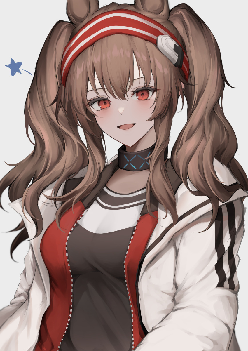 1girl :d absurdres angelina_(arknights) animal_ears arknights bangs black_shirt blush breasts brown_hair coat collar commentary_request eyebrows_visible_through_hair fox_ears hairband highres hyakutarou_(momotar0_4) infection_monitor_(arknights) jacket long_hair long_sleeves looking_at_viewer medium_breasts open_clothes open_coat open_jacket open_mouth red_eyes red_hairband red_jacket shirt sidelocks smile solo twintails two-tone_hairband upper_body white_coat