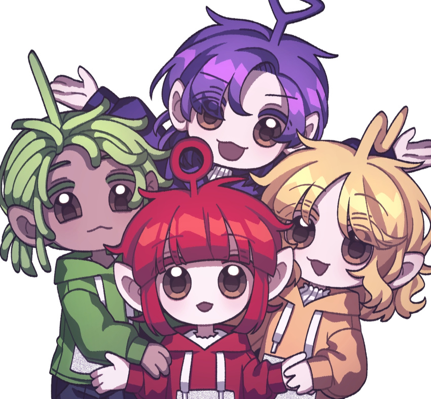 2boys 2girls :3 :d antenna_hair appleheart04 bangs black_wings blonde_hair blunt_bangs brown_eyes chibi colored_eyelashes dipsy dreadlocks eyebrows_visible_through_hair green_hair hand_on_another's_shoulder highres holding_hands hood hoodie laa-laa long_sleeves looking_at_viewer medium_hair multiple_boys multiple_girls open_mouth outstretched_arms parted_bangs personification po_(teletubby) pointy_ears ponytail purple_hair redhead smile teletubbies thick_eyebrows tinky_winky wings