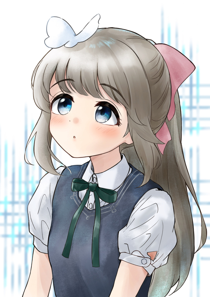 1girl absurdres akebi-chan_no_serafuku bangs blue_eyes blush bow bug butterfly butterfly_on_head collared_shirt eyebrows_visible_through_hair free_palet grey_hair hair_bow highres hiraiwa_hotaru long_hair looking_up neck_ribbon parted_lips ponytail puffy_short_sleeves puffy_sleeves ribbon school_uniform shirt short_sleeves solo sweater_vest thick_eyebrows