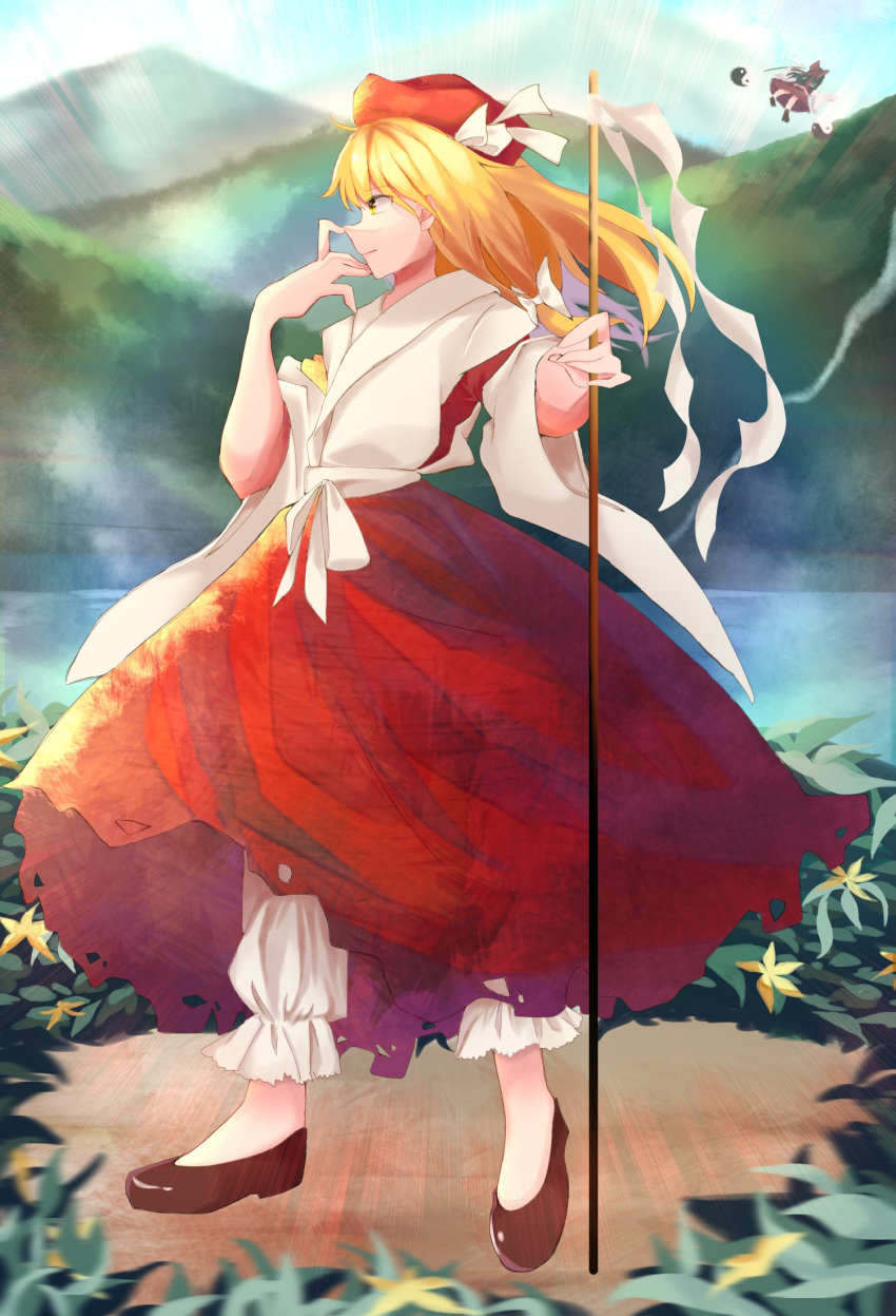bare_shoulders beret black_hair blonde_hair bloomers bow brown_footwear closed_mouth commentary_request detached_sleeves flying full_body gohei hair_bow hakama hakama_skirt hakurei_reimu happy hat hat_ribbon highres holding hourai_girl_(touhou) japanese_clothes kimono long_hair long_skirt looking_to_the_side midriff miko mountain nontraditional_miko outdoors portrait_of_exotic_girls red_bow red_footwear red_hakama red_headwear red_skirt red_vest ribbon sash skirt smile standing touhou underwear vest white_bloomers white_kimono white_ribbon white_sash white_sleeves wide_sleeves yellow_eyes yin_yang yukine_0930