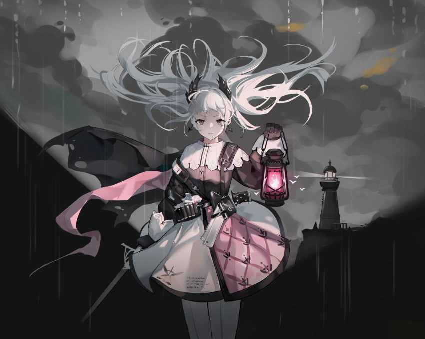 1girl absurdres arknights belt black_gloves capelet closed_mouth earrings fire floating_hair front-seamed_legwear gloves grey_eyes gun high-waist_skirt highres holding holding_lantern holding_sword holding_weapon irene_(arknights) jewelry lantern lighthouse long_hair long_sleeves looking_at_viewer outdoors pantyhose pink_fire pink_skirt puffy_long_sleeves puffy_sleeves rapier sanhuan scar scar_across_eye scar_on_face seamed_legwear skirt solo sword very_long_hair weapon white_capelet white_hair white_legwear white_skirt wind