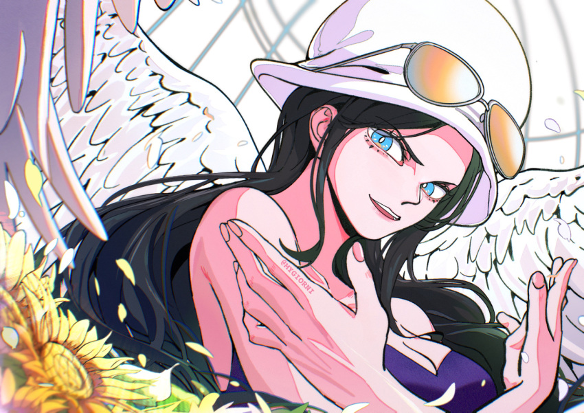 1girl black_hair blue_eyes dress eyewear_on_headwear flower glasses hands_up hat looking_at_viewer mygiorni nico_robin one_piece open_mouth petals purple_dress solo sunflower white_wings wings