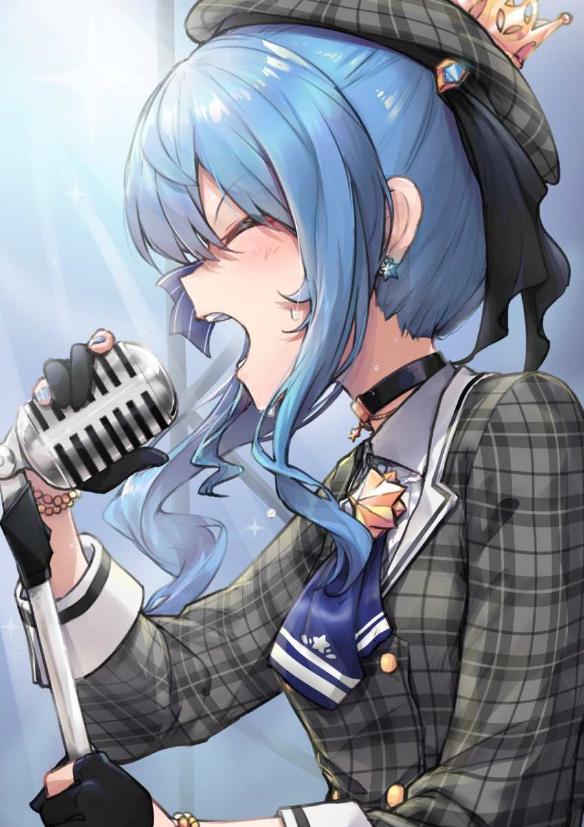 1girl bangs black_choker black_gloves blue_hair blue_nails blush choker closed_eyes earrings from_side gloves grey_headwear grey_shirt hat highres holding holding_microphone holding_microphone_stand hololive hoshimachi_suisei jewelry long_hair long_sleeves microphone microphone_stand nail_polish open_mouth partially_fingerless_gloves plaid plaid_headwear plaid_shirt profile shirt sidelocks solo star_(symbol) star_earrings upper_body virtual_youtuber zooanime