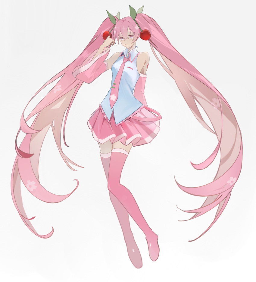 1girl alternate_color arm_behind_back bangs cherry_hair_ornament closed_mouth collared_shirt detached_sleeves food-themed_hair_ornament full_body hair_ornament hatsune_miku highres long_hair looking_at_viewer necktie pink_eyes pink_hair pink_legwear pink_necktie pink_skirt pleated_skirt sakura_miku shirt simple_background skirt solo thigh-highs twintails vocaloid white_background white_shirt yukihira_makoto