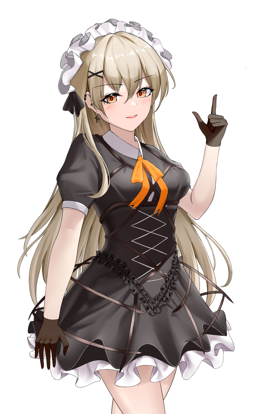 19956802168 1girl absurdres black_gloves blush breasts cowboy_shot cross cross_earrings dress earrings frilled_dress frilled_hairband frills girls_frontline gloves hair_between_eyes hairband highres jewelry light_brown_hair long_hair medium_breasts orange_eyes parted_lips ppk_(girls'_frontline) puffy_short_sleeves puffy_sleeves ribbon short_dress short_sleeves smile solo very_long_hair