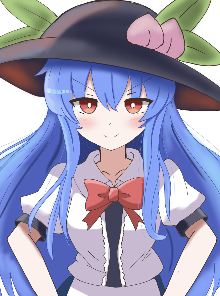 1girl bangs black_headwear blue_hair bow bowtie bright_pupils center_frills closed_mouth eyebrows_visible_through_hair food frills fruit hat highres hinanawi_tenshi leaf long_hair looking_at_viewer mokoo43451177 peach red_bow red_bowtie red_eyes shirt short_sleeves smile smug solo touhou upper_body v-shaped_eyebrows white_pupils white_shirt