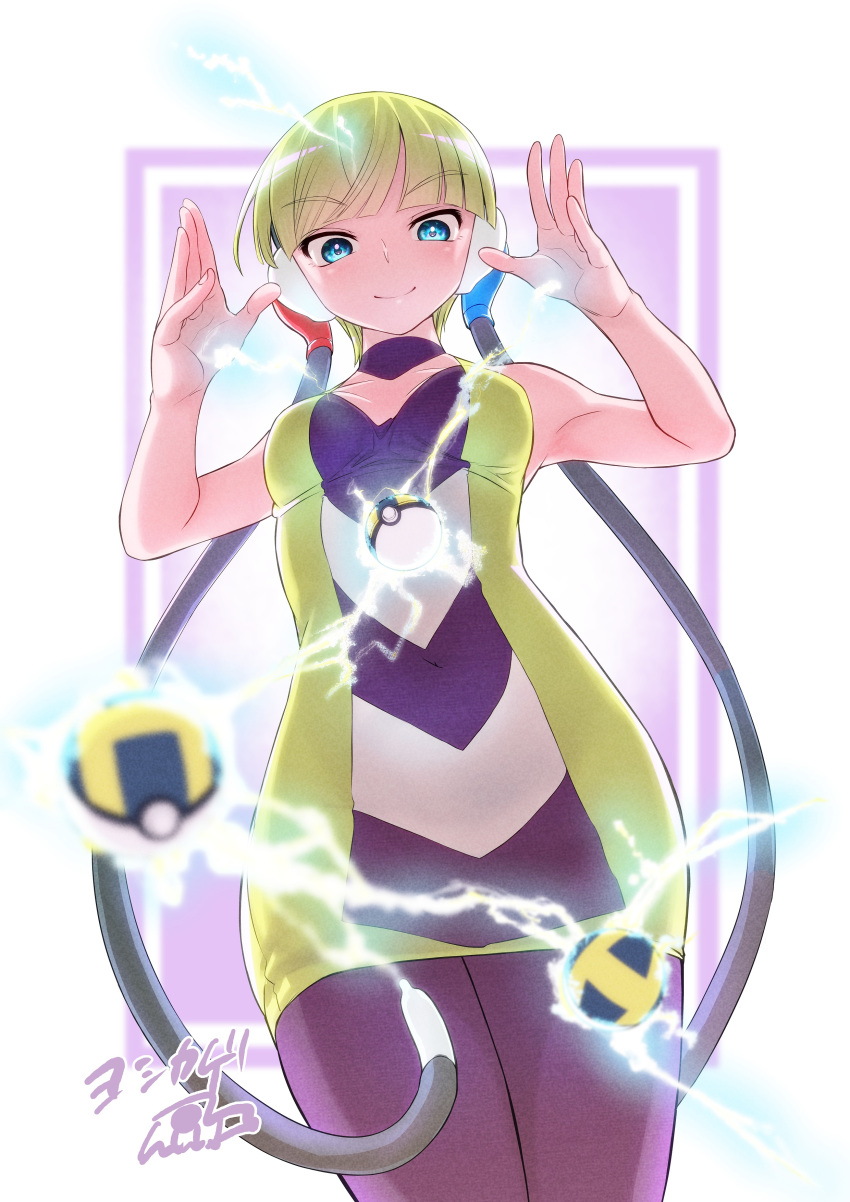 1girl absurdres bangs bare_shoulders black_choker black_hairband black_legwear blonde_hair blue_eyes blunt_bangs breasts choker collarbone elesa_(pokemon) eyebrows_visible_through_hair hairband headphones highres pantyhose poke_ball pokemon pokemon_(game) pokemon_bw pokemon_masters_ex short_hair sleeveless ultra_ball underbust user_mxpn5743 vest yellow_vest