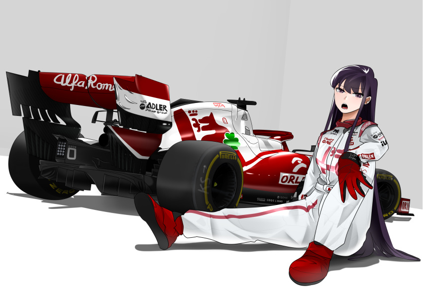 absurdres alfa_romeo bangs black_eyes black_hair breasts colored_skin formula_one gloves highres holeecrab komi-san_wa_komyushou_desu komi_shouko long_hair looking_at_viewer medium_breasts open_mouth pale_color pirelli purple_hair racing_suit red_footwear red_gloves sauber_c39 sitting swept_bangs top-down_bottom-up wheel white_background white_skin