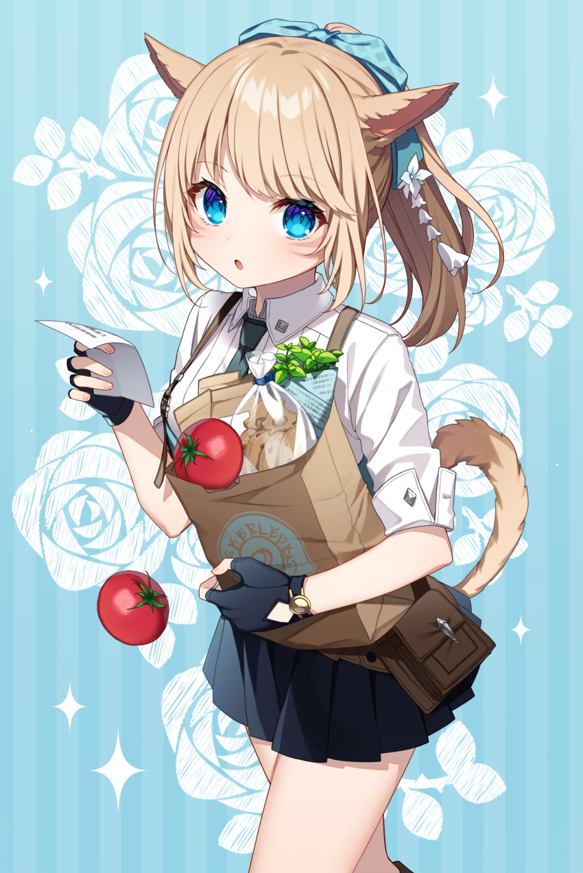 1girl :o absurdres animal_ears avatar_(ff14) bag blonde_hair blue_eyes bow breasts cat_ears cat_girl cat_tail commission cookie final_fantasy final_fantasy_xiv fingerless_gloves floral_background food gloves groceries grocery_bag hair_bow hazakura_chikori highres large_breasts light_blue_background medium_hair miniskirt miqo'te paper_bag plant pleated_skirt ponytail pouch shirt shopping_bag short_sleeves simple_background skeb_commission skirt tail tomato white_shirt